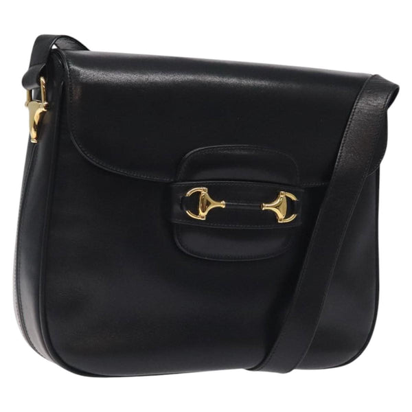 GUCCI Horsebit Shoulder Bag Leather Black Gold Auth 119787