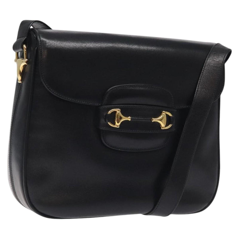 GUCCI Horsebit Shoulder Bag Leather Black Gold Auth 119787