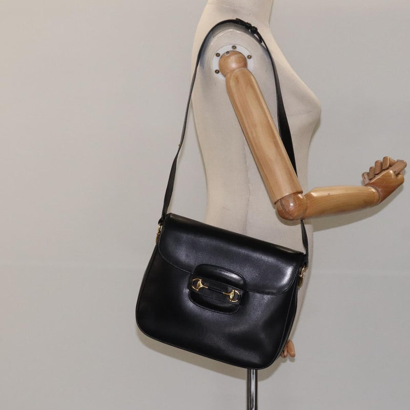 GUCCI Horsebit Shoulder Bag Leather Black Gold Auth 119787