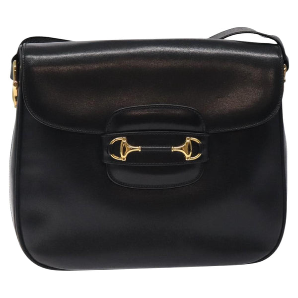 GUCCI Horsebit Shoulder Bag Leather Black Gold Auth 119787
