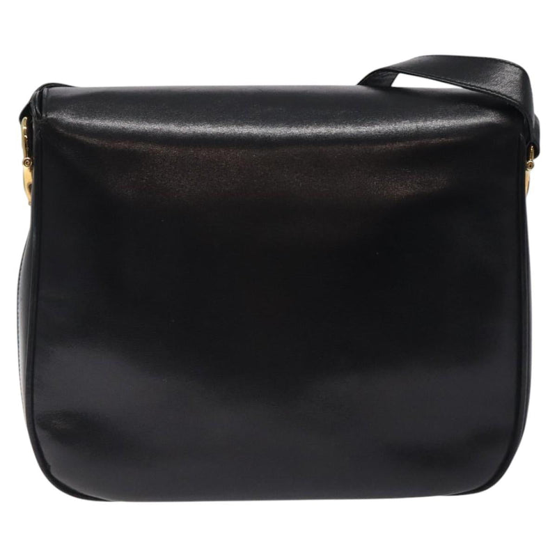 GUCCI Horsebit Shoulder Bag Leather Black Gold Auth 119787