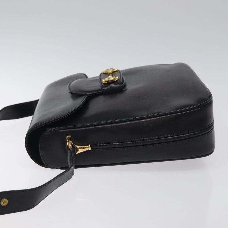 GUCCI Horsebit Shoulder Bag Leather Black Gold Auth 119787