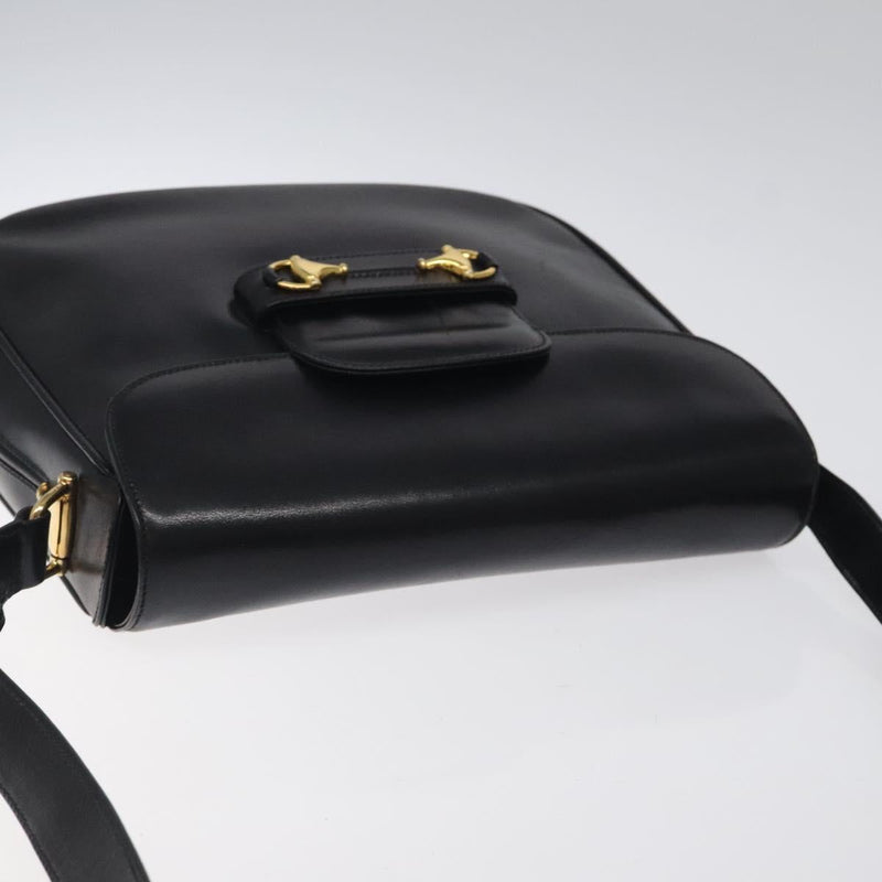 GUCCI Horsebit Shoulder Bag Leather Black Gold Auth 119787