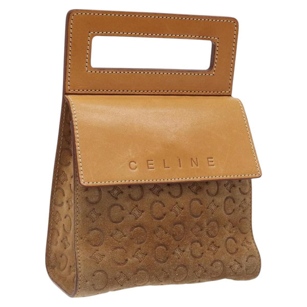 CELINE C Macadam Canvas Hand Bag Leather Suede Brown Gold Auth 119834