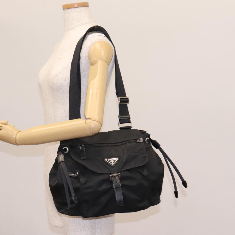 PRADA Shoulder Bag Nylon Black Silver Auth 119848