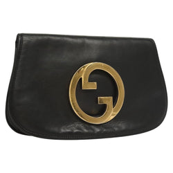 GUCCI Clutch Bag Leather Black Gold Auth 119888