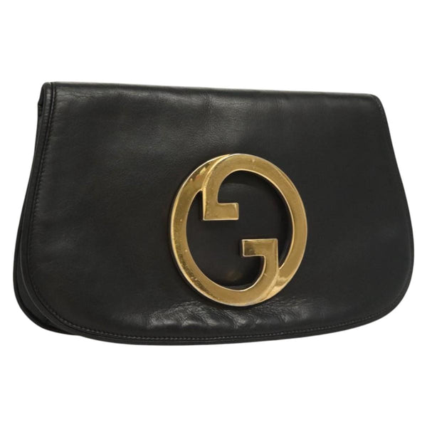 GUCCI Clutch Bag Leather Black Gold Auth 119888