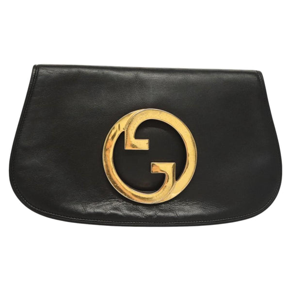 GUCCI Clutch Bag Leather Black Gold Auth 119888