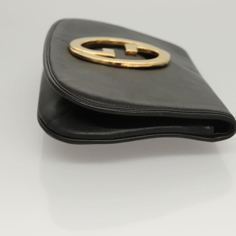 GUCCI Clutch Bag Leather Black Gold Auth 119888