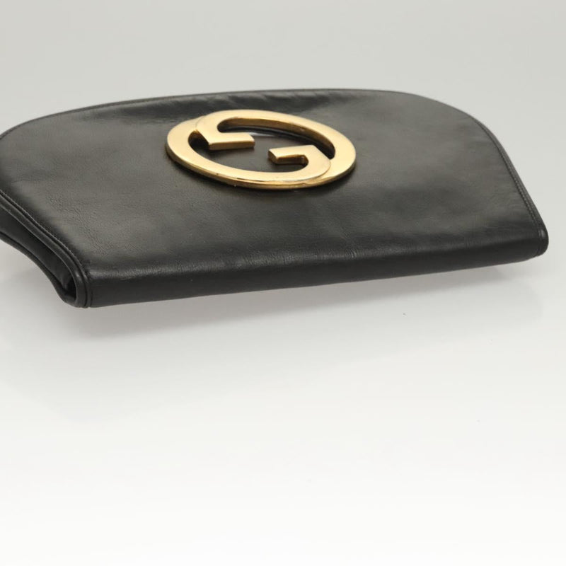 GUCCI Clutch Bag Leather Black Gold Auth 119888