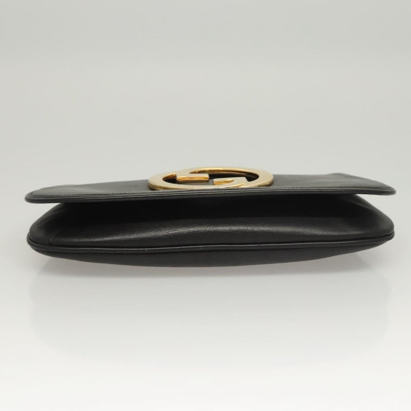 GUCCI Clutch Bag Leather Black Gold Auth 119888