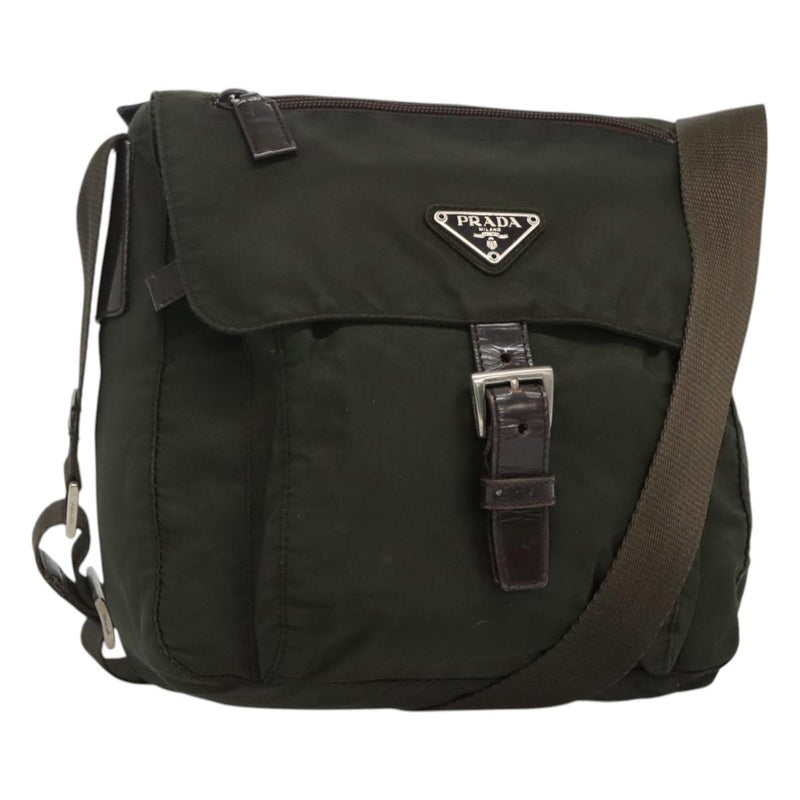 PRADA Shoulder Bag Khaki Silver Auth 119889