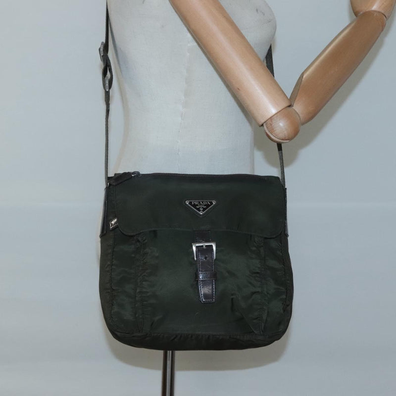 PRADA Shoulder Bag Khaki Silver Auth 119889