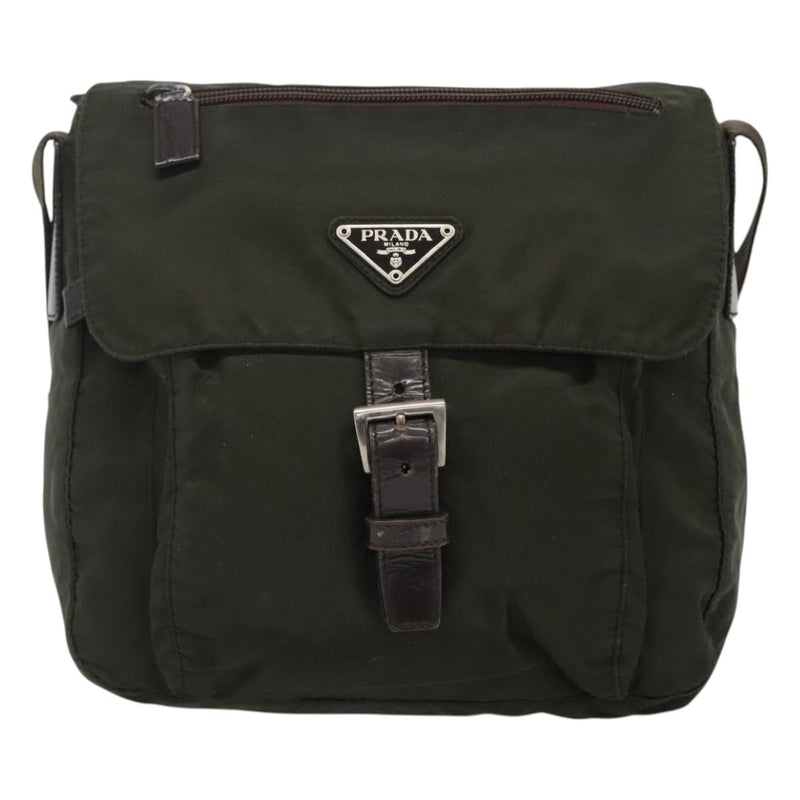 PRADA Shoulder Bag Khaki Silver Auth 119889