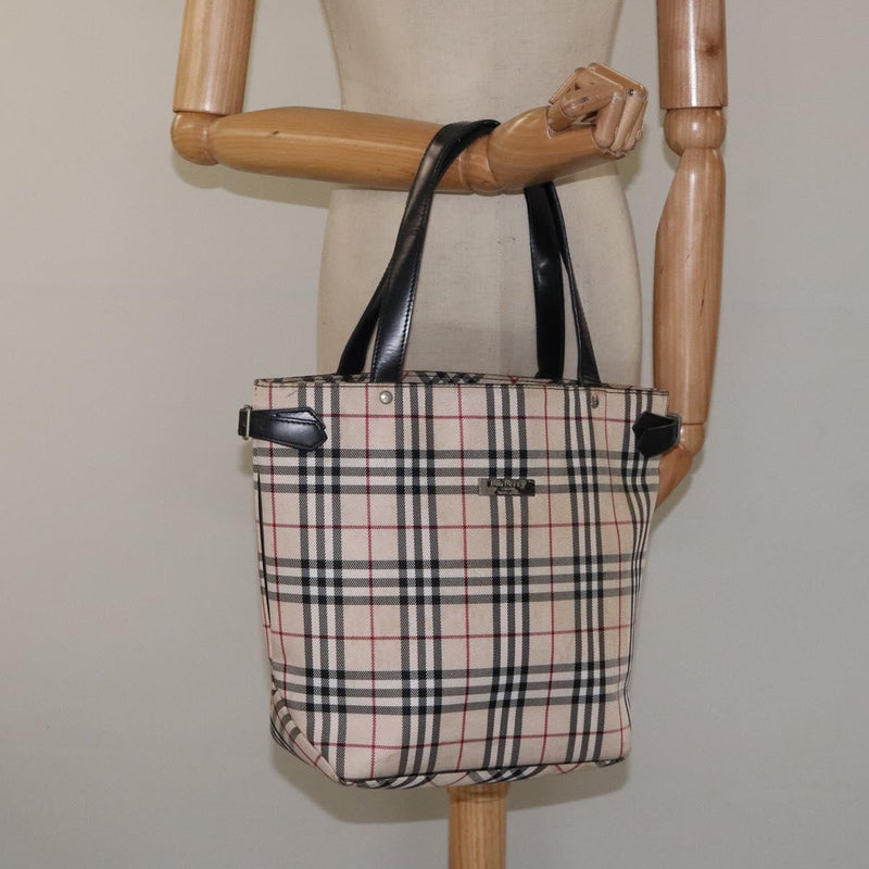 BURBERRY Nova Check Blue Label Tote Bag Canvas Beige Silver Auth 119986