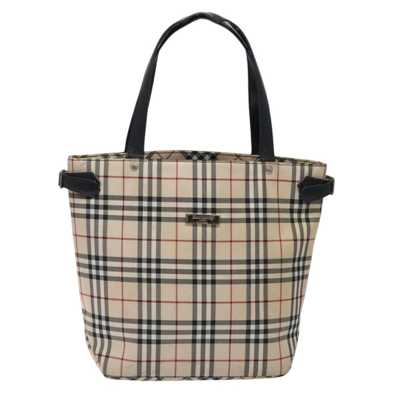 BURBERRY Nova Check Blue Label Tote Bag Canvas Beige Silver Auth 119986