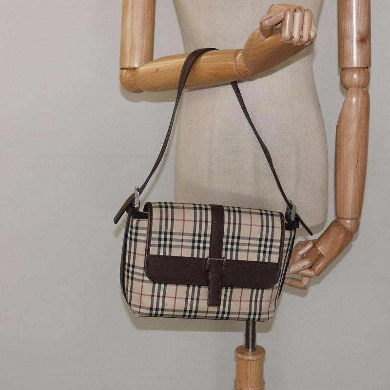 BURBERRY Nova Check Shoulder Bag Canvas Beige Silver Auth 120039
