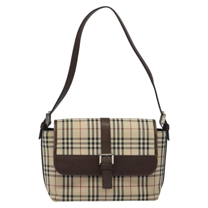 BURBERRY Nova Check Shoulder Bag Canvas Beige Silver Auth 120039