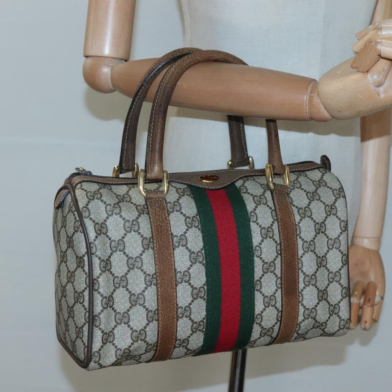 GUCCI GG Supreme Web Sherry Line Boston Bag PVC Red Green beige Auth 120065