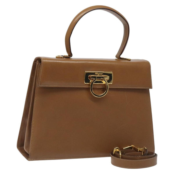 Salvatore Ferragamo Gancini Hand Bag Leather 2way Brown Gold Auth 120097