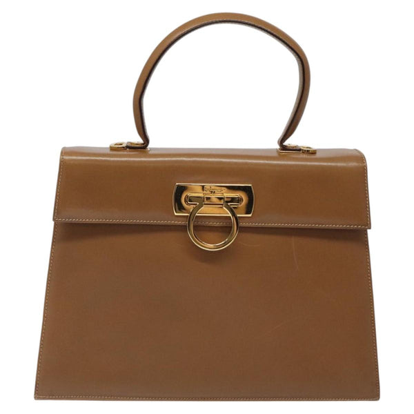 Salvatore Ferragamo Gancini Hand Bag Leather 2way Brown Gold Auth 120097