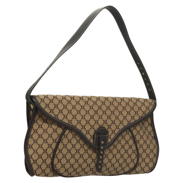 CELINE Macadam Canvas Shoulder Bag Beige Gold Auth 120107