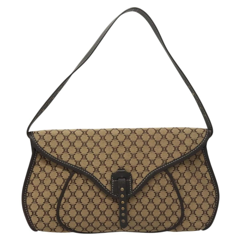 CELINE Macadam Canvas Shoulder Bag Beige Gold Auth 120107