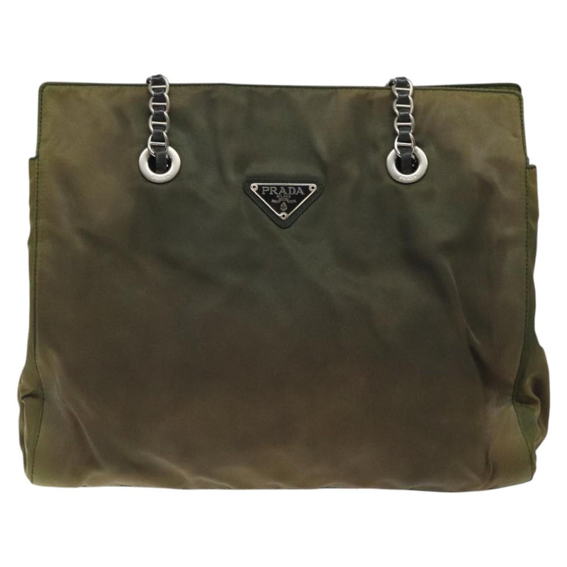 PRADA Chain Shoulder Bag Nylon Khaki Silver Auth 120140