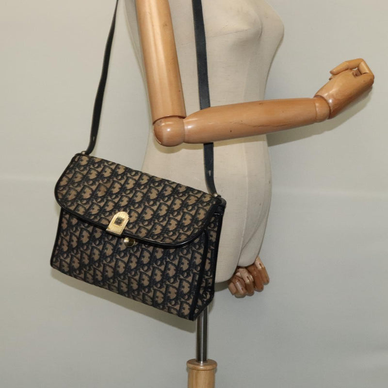 Christian Dior Trotter Canvas Shoulder Bag Navy Gold Auth 120192