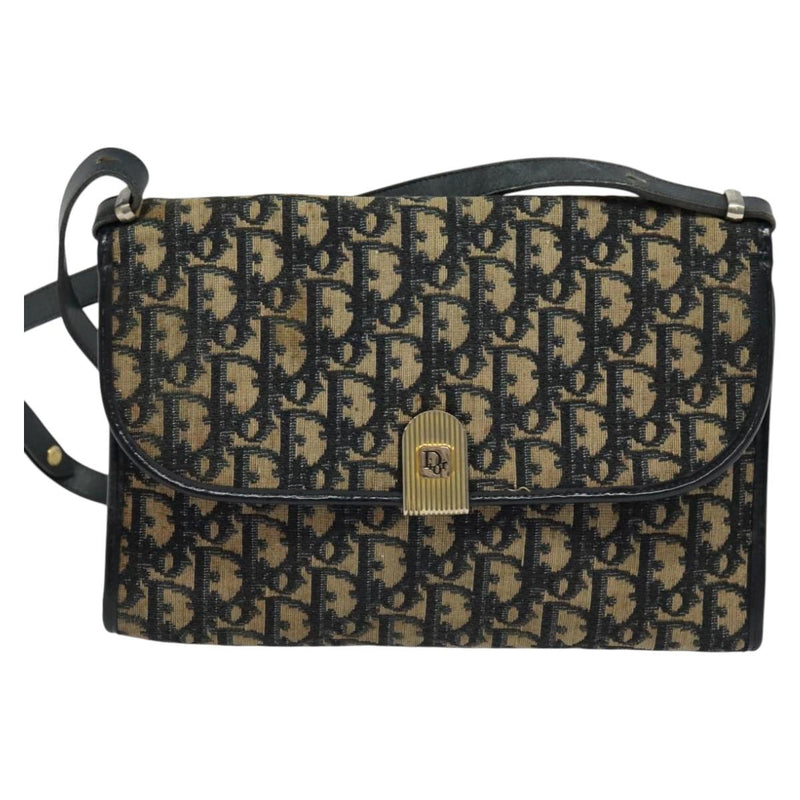 Christian Dior Trotter Canvas Shoulder Bag Navy Gold Auth 120192