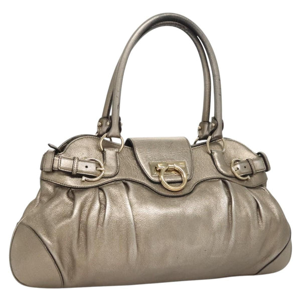 Salvatore Ferragamo Gancini Hand Bag Leather Champagne Gold Auth 120196