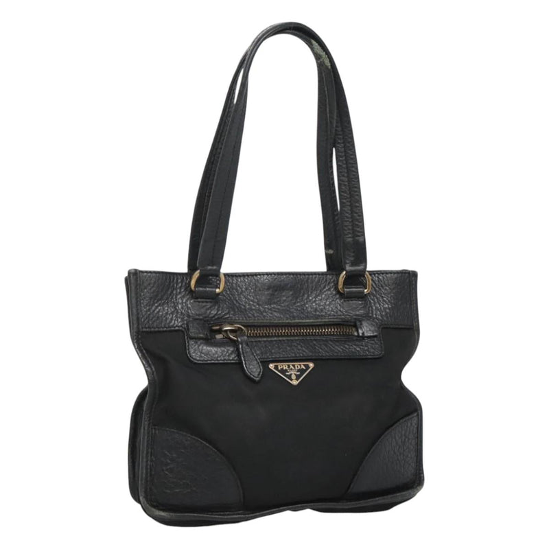 PRADA Hand Bag Nylon Leather Black Gold Auth 120394