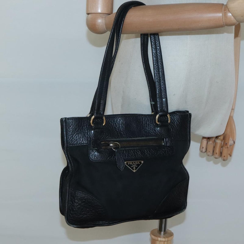 PRADA Hand Bag Nylon Leather Black Gold Auth 120394