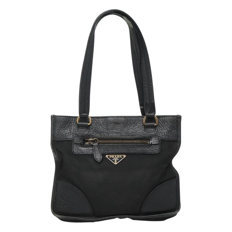 PRADA Hand Bag Nylon Leather Black Gold Auth 120394