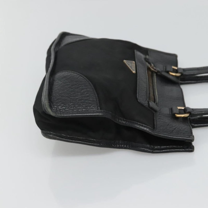 PRADA Hand Bag Nylon Leather Black Gold Auth 120394