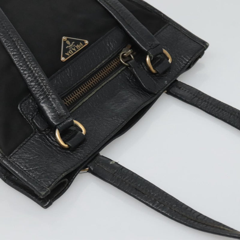 PRADA Hand Bag Nylon Leather Black Gold Auth 120394