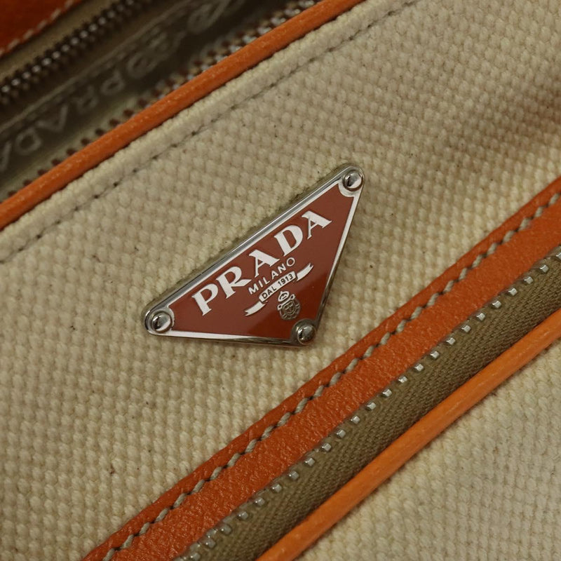 PRADA Hand Bag Canvas Beige Silver Auth 120395
