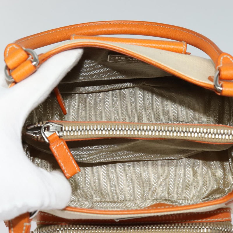 PRADA Hand Bag Canvas Beige Silver Auth 120395