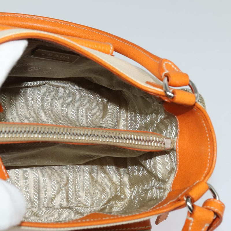 PRADA Hand Bag Canvas Beige Silver Auth 120395