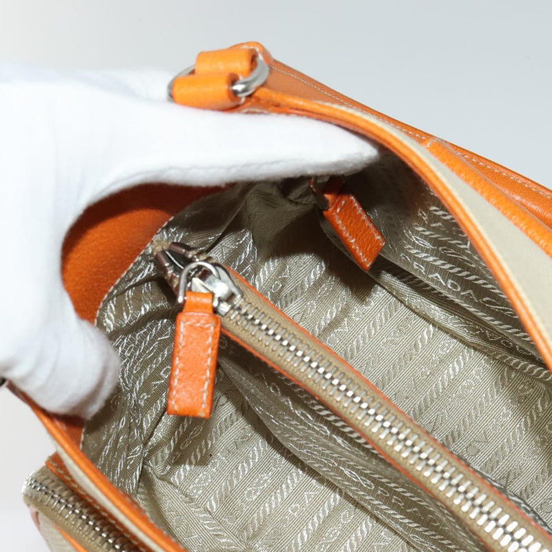 PRADA Hand Bag Canvas Beige Silver Auth 120395