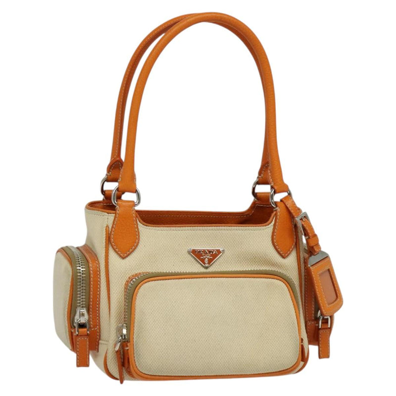 PRADA Hand Bag Canvas Beige Silver Auth 120395