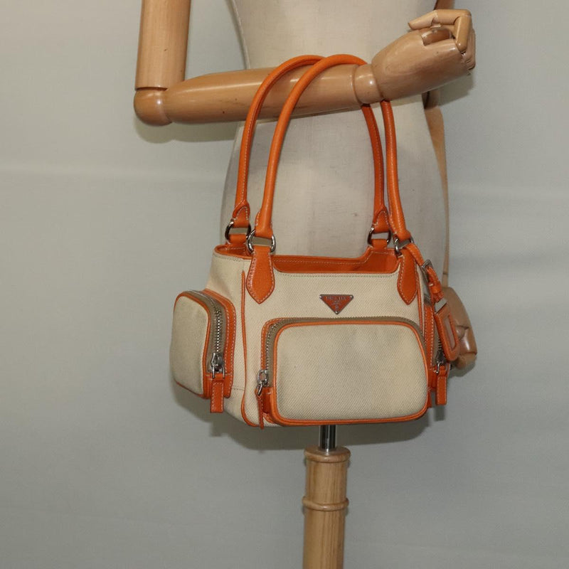 PRADA Hand Bag Canvas Beige Silver Auth 120395