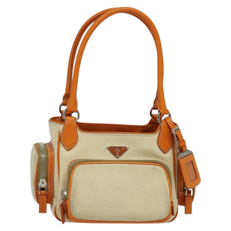 PRADA Hand Bag Canvas Beige Silver Auth 120395