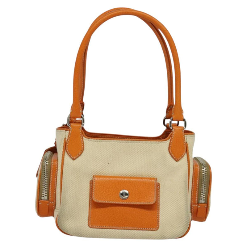 PRADA Hand Bag Canvas Beige Silver Auth 120395