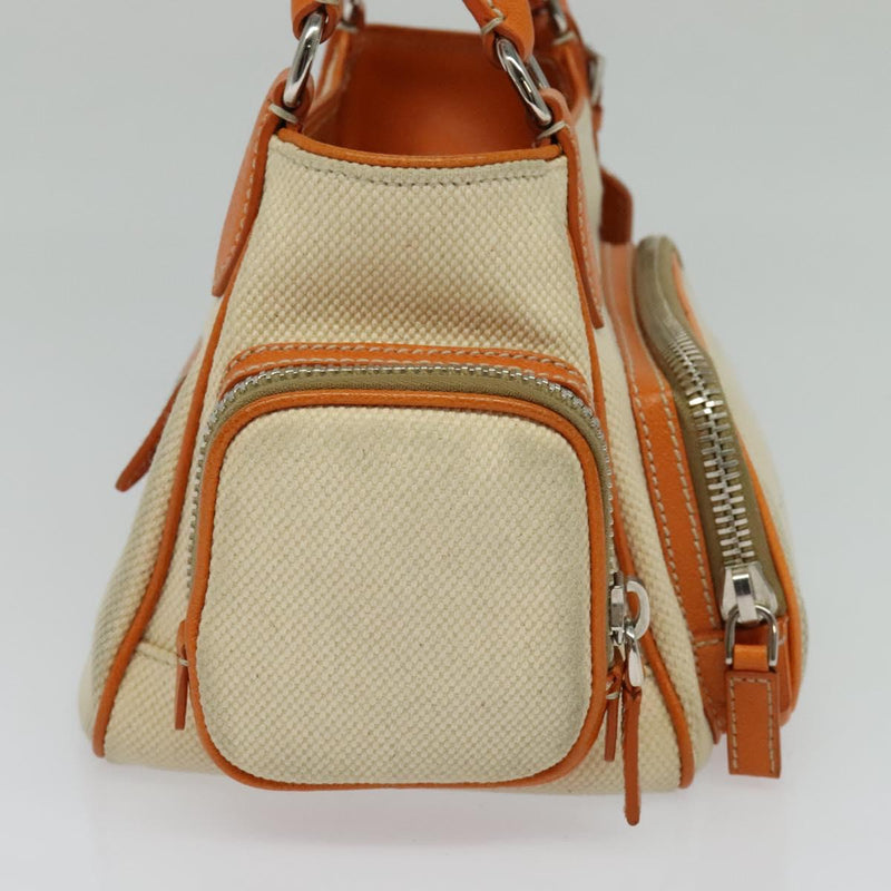 PRADA Hand Bag Canvas Beige Silver Auth 120395