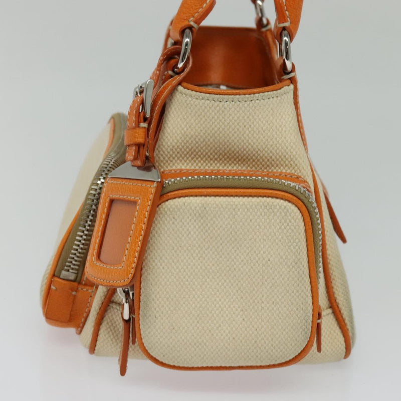 PRADA Hand Bag Canvas Beige Silver Auth 120395