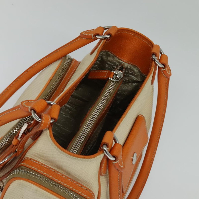 PRADA Hand Bag Canvas Beige Silver Auth 120395