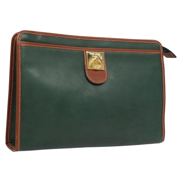 CELINE Clutch Bag Leather Green Gold Auth 120405