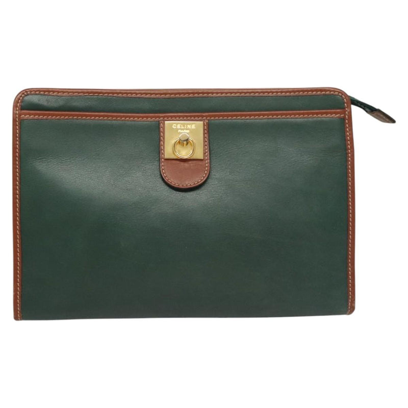 CELINE Clutch Bag Leather Green Gold Auth 120405