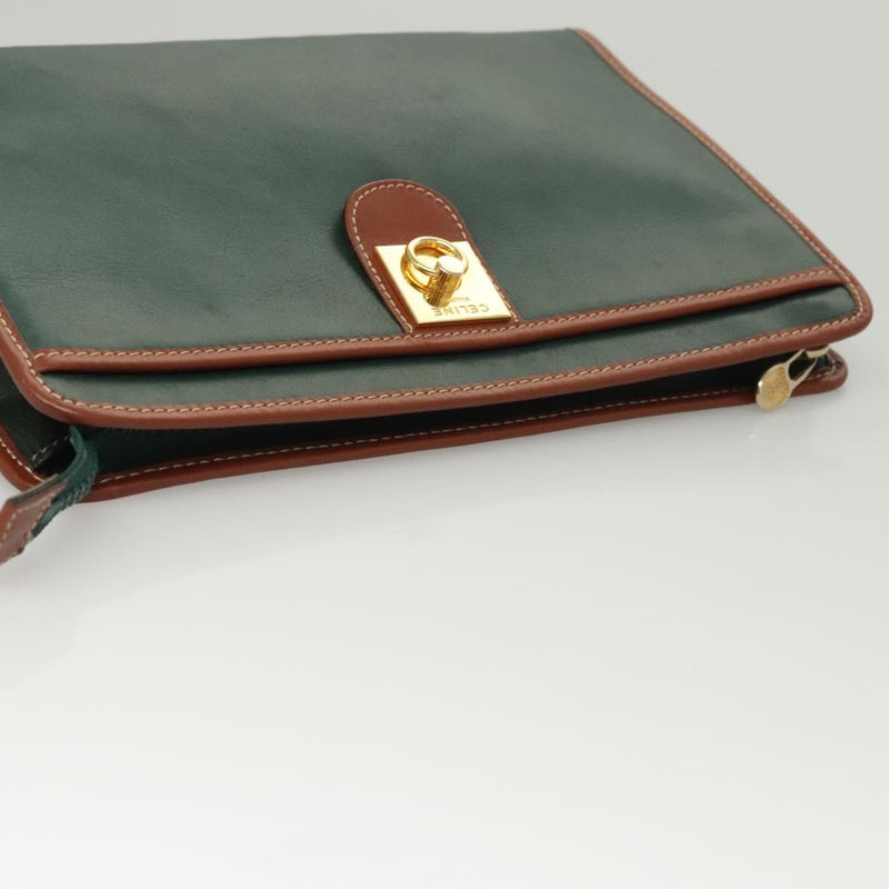 CELINE Clutch Bag Leather Green Gold Auth 120405
